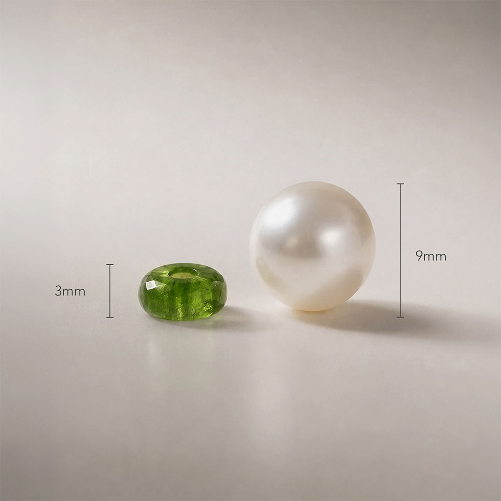 Natural Diopside and Freshwater Pearl bead size comparison showing gemstone and pearl dimensions