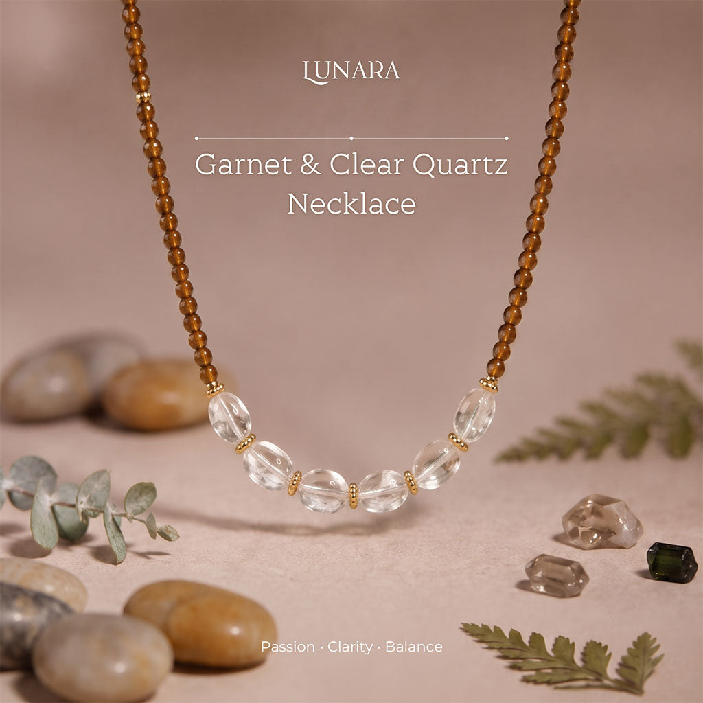 Garnet and Clear Quartz necklace pendant display