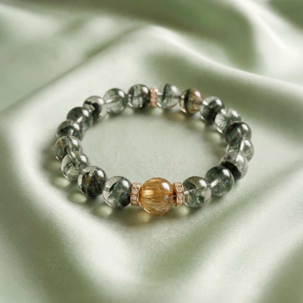 Green Phantom Quartz Energy Bracelet - Clear crystal beads containing distinctive internal green phantom mineral inclusions