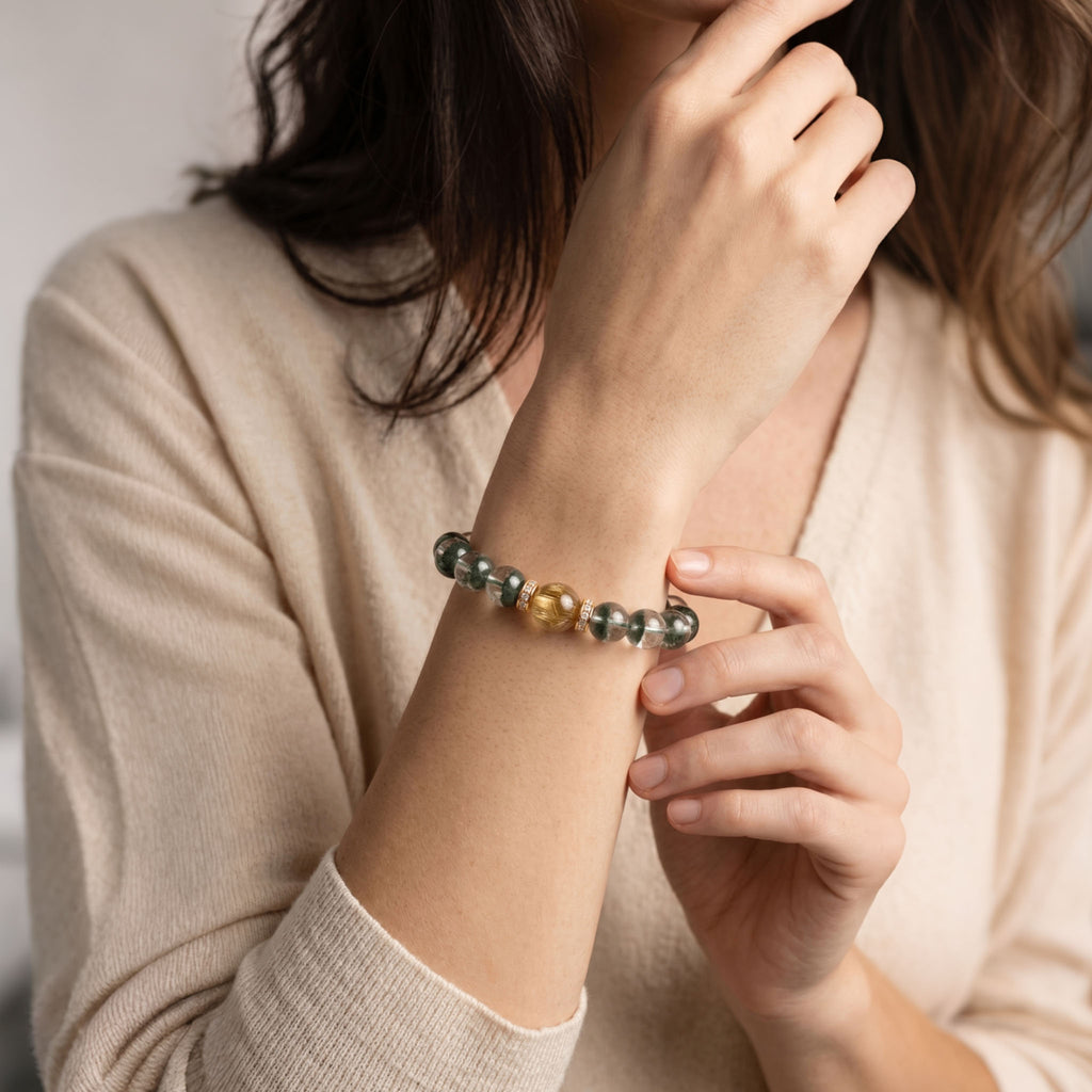 Model wearing Green Phantom Quartz & Golden Rutilated Quartz Energy Bracelet