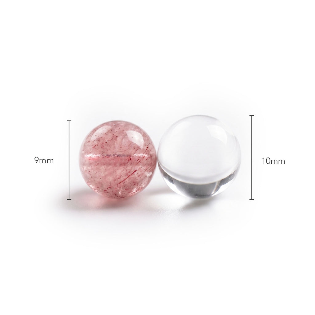 Strawberry Quartz and Clear Quartz bead size comparison.
