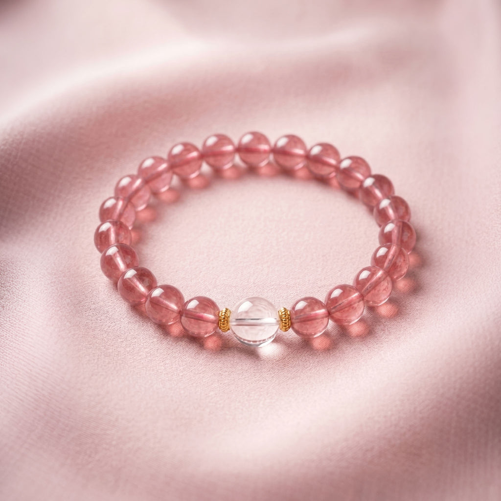 Strawberry Quartz Energy Bracelet - Natural translucent pink crystal beads with tiny iron oxide inclusions