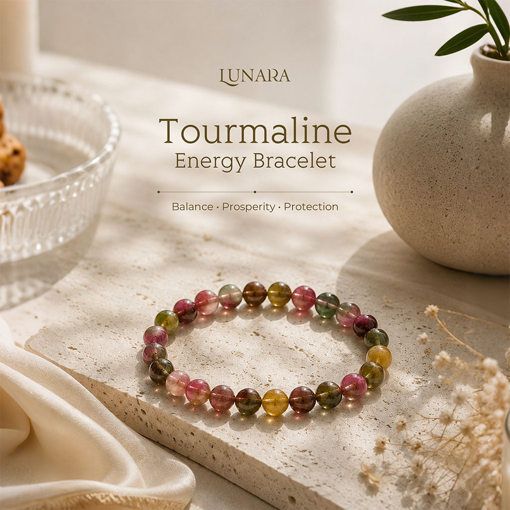 Tourmaline Energy Bracelet on the stone slab with calming crystal energy aesthetic