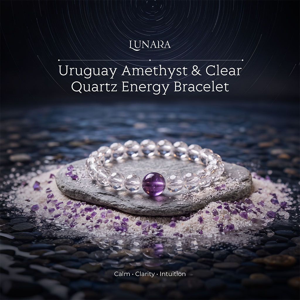 Uruguay Amethyst & Clear Quartz Energy Bracelet displayed on a stone surface with calming crystal energy aesthetic