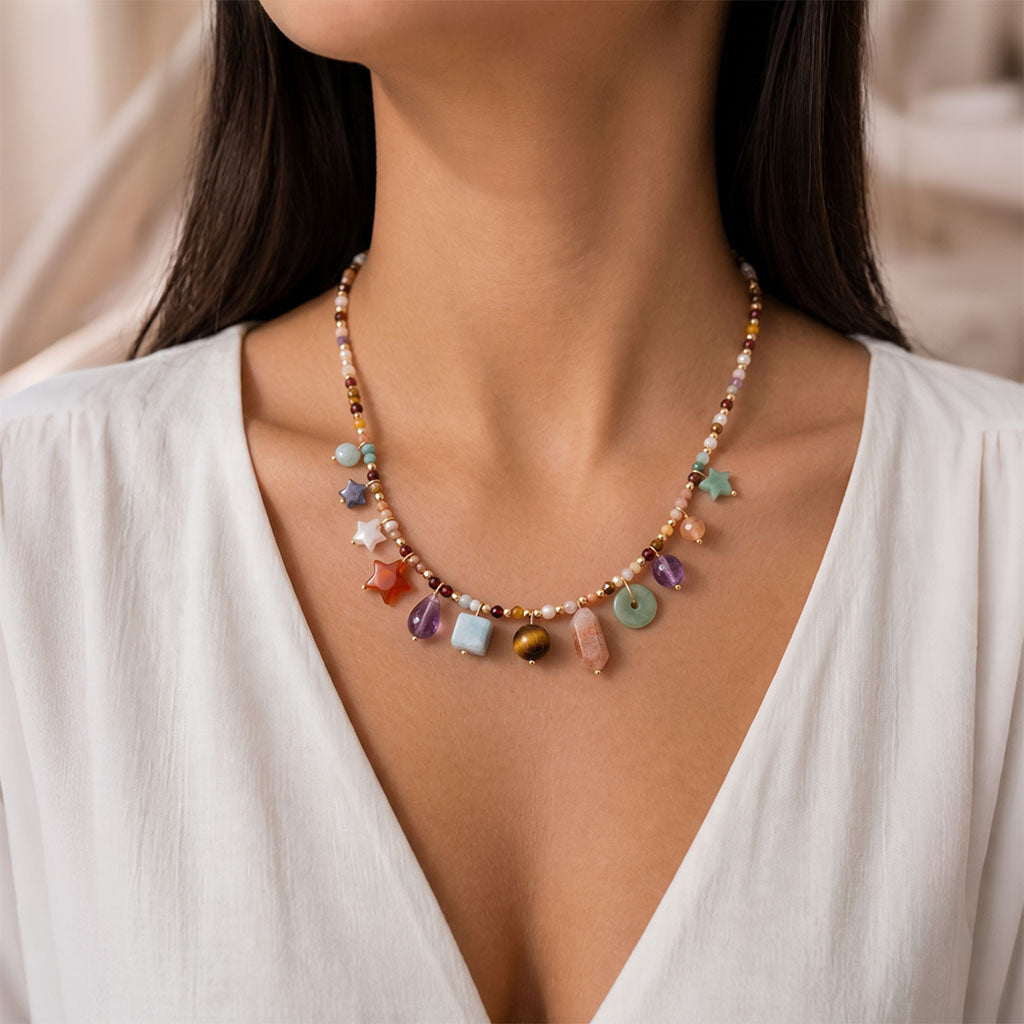 Women wearing Celestial Crystal Charm Necklace 