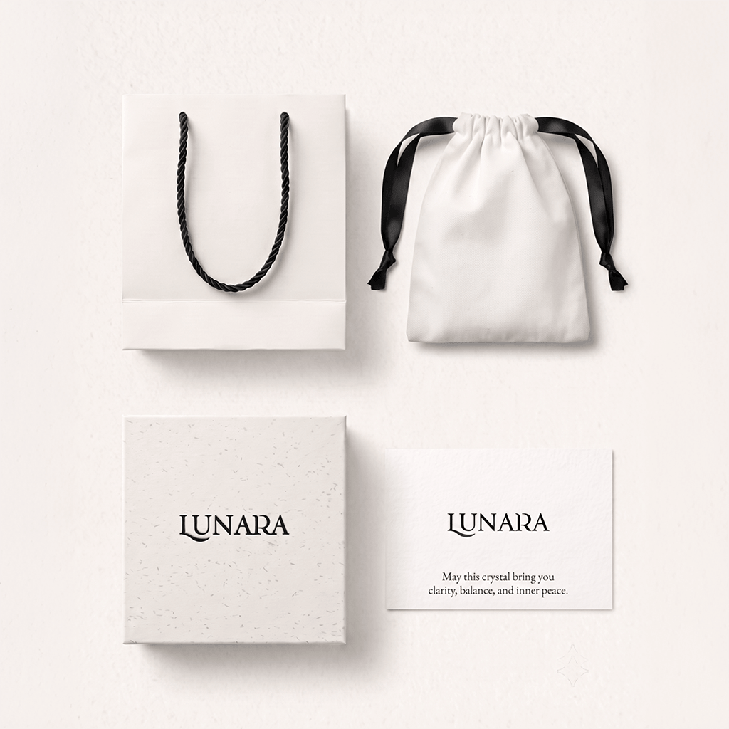 Moon product packaging: tote bags, boxes, dust bags, cards.